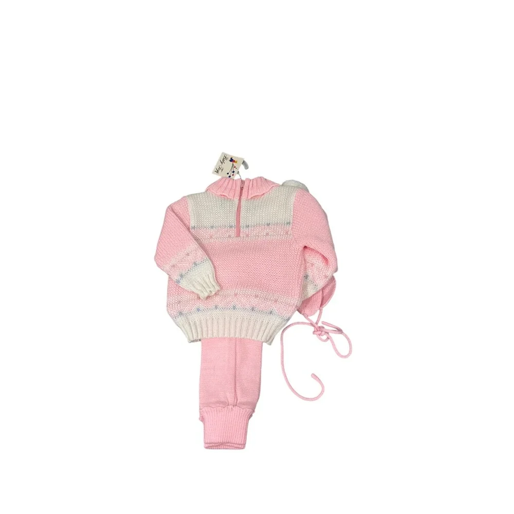 Vintage Baby Togs Pink Knit Sweater Pants Hat Set Pastel Winter 12 Months NWT